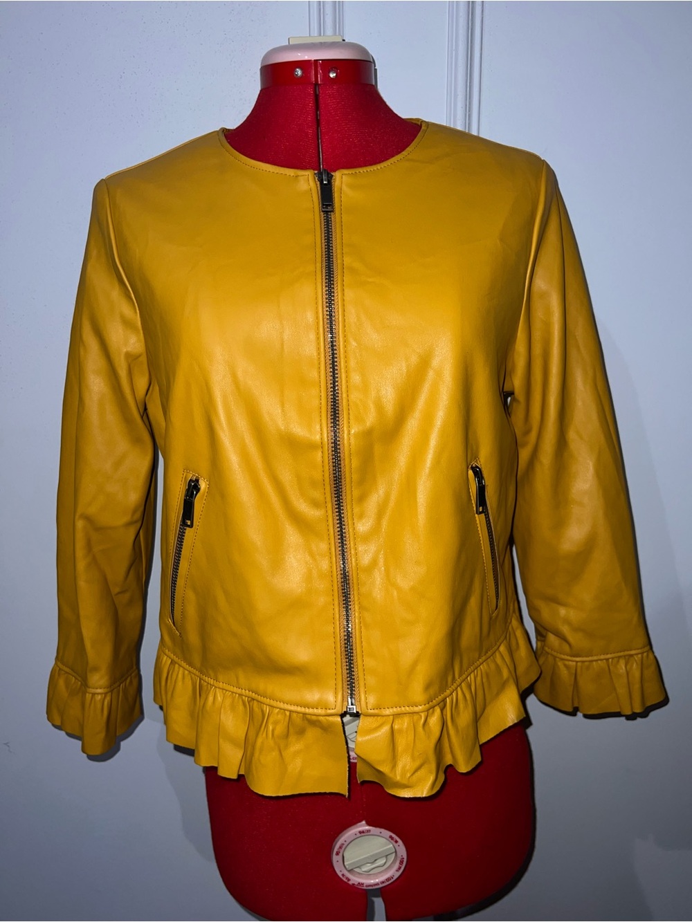 Catherine Malandrino Mustard Yellow Faux Leather Ruffle-Hem Jacket - Women's L
